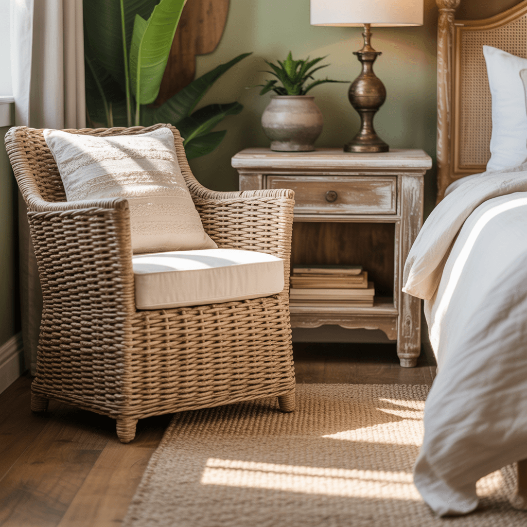 Rustic textures with rattan, jute, and wood in sage green bedroom.