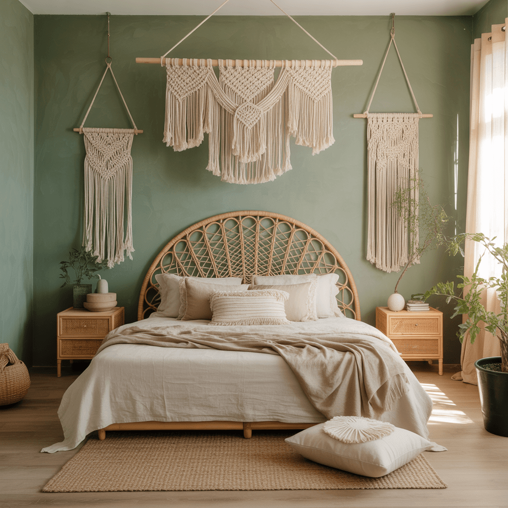 Sage Green and Natural Textures for a Boho Bedroom Look