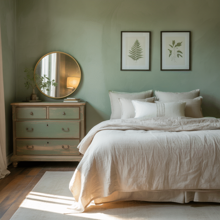 Sage green Boho bedroom mixing modern furniture with vintage details.