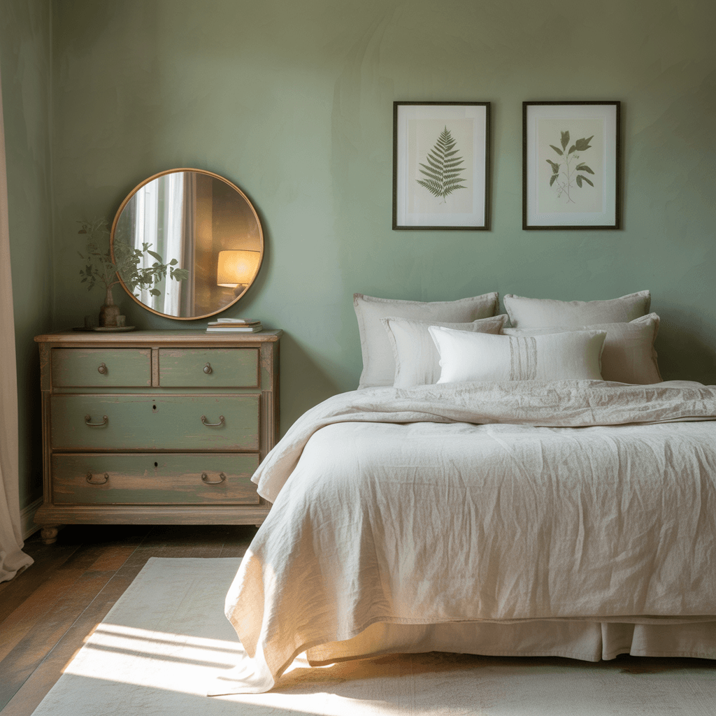 Sage green Boho bedroom mixing modern furniture with vintage details.
