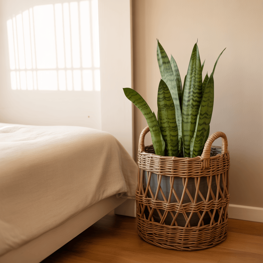 Sage green Boho bedroom with indoor plants in natural baskets.