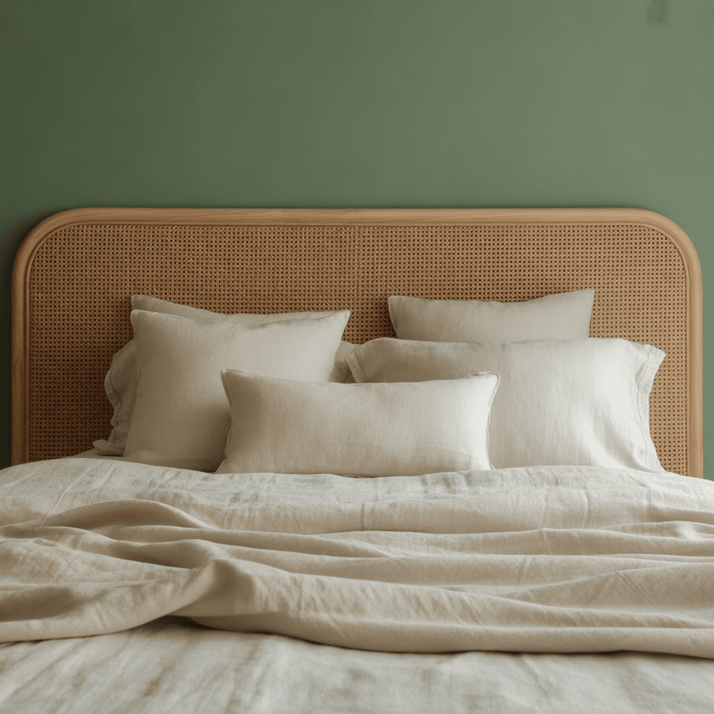 Sage green accent wall in a cozy Bohemian bedroom.