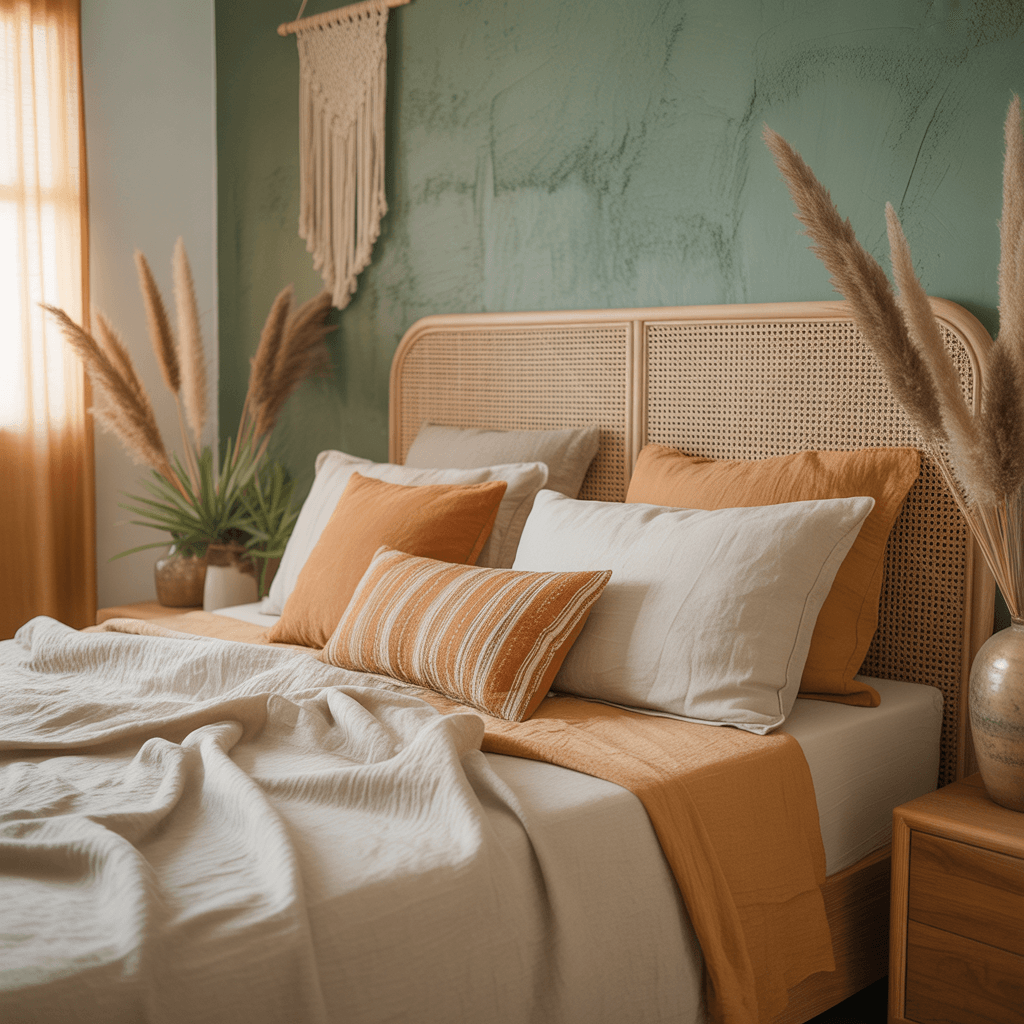 Sage green bedroom accent wall behind rattan headboard.