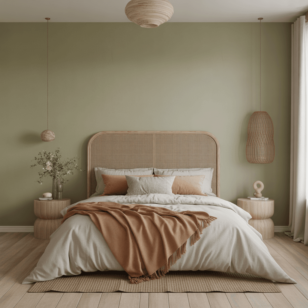 Sage green bedroom wall with rattan bed and soft neutral bedding for a Boho sanctuary.