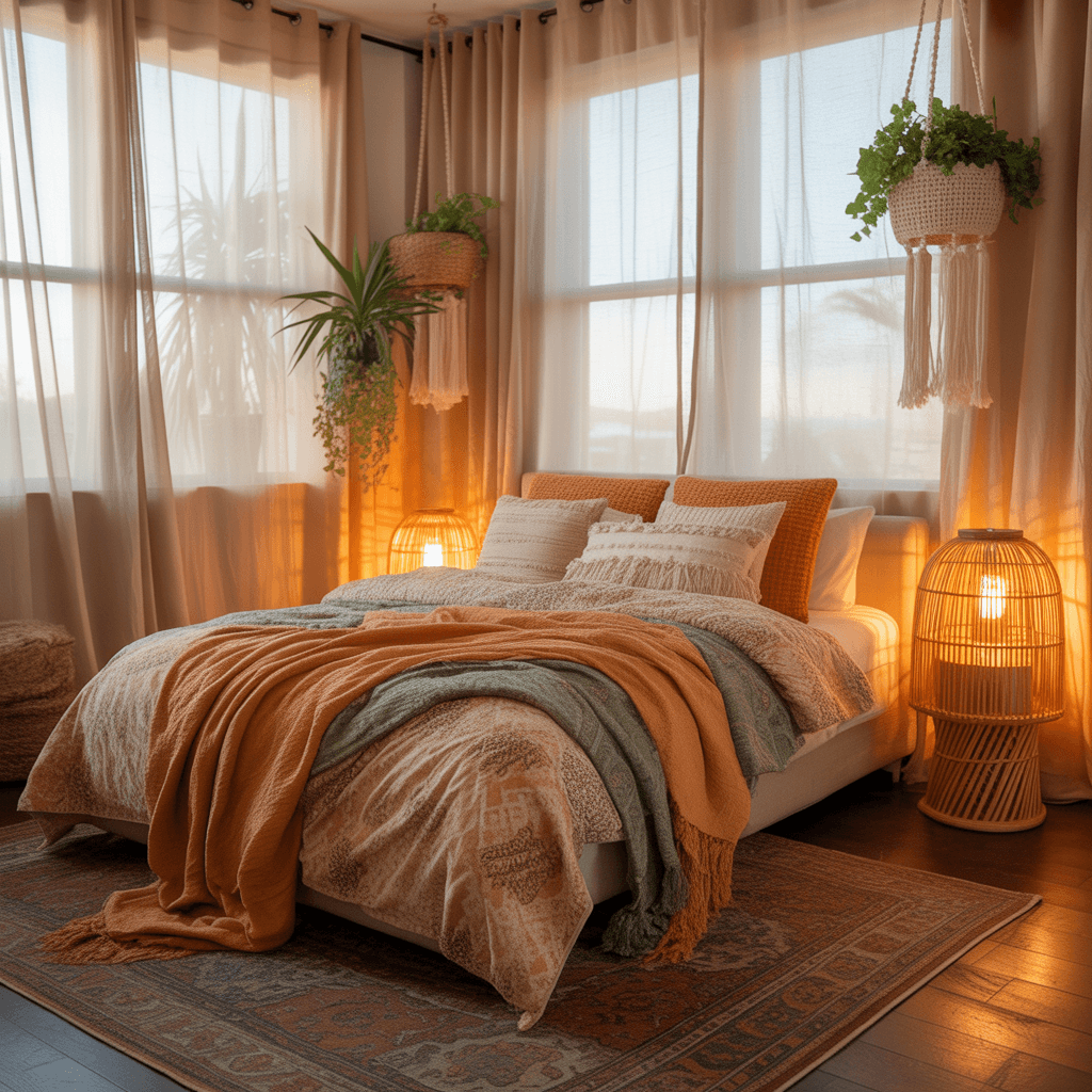 Sage green bedroom with cozy lighting and natural textures.