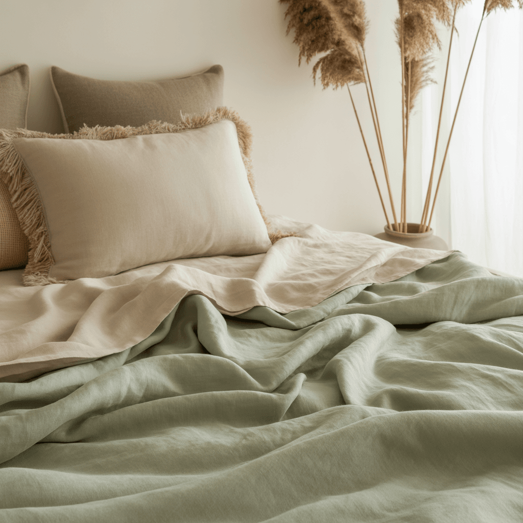 Sage green bohemian bedroom with woven textures and plants