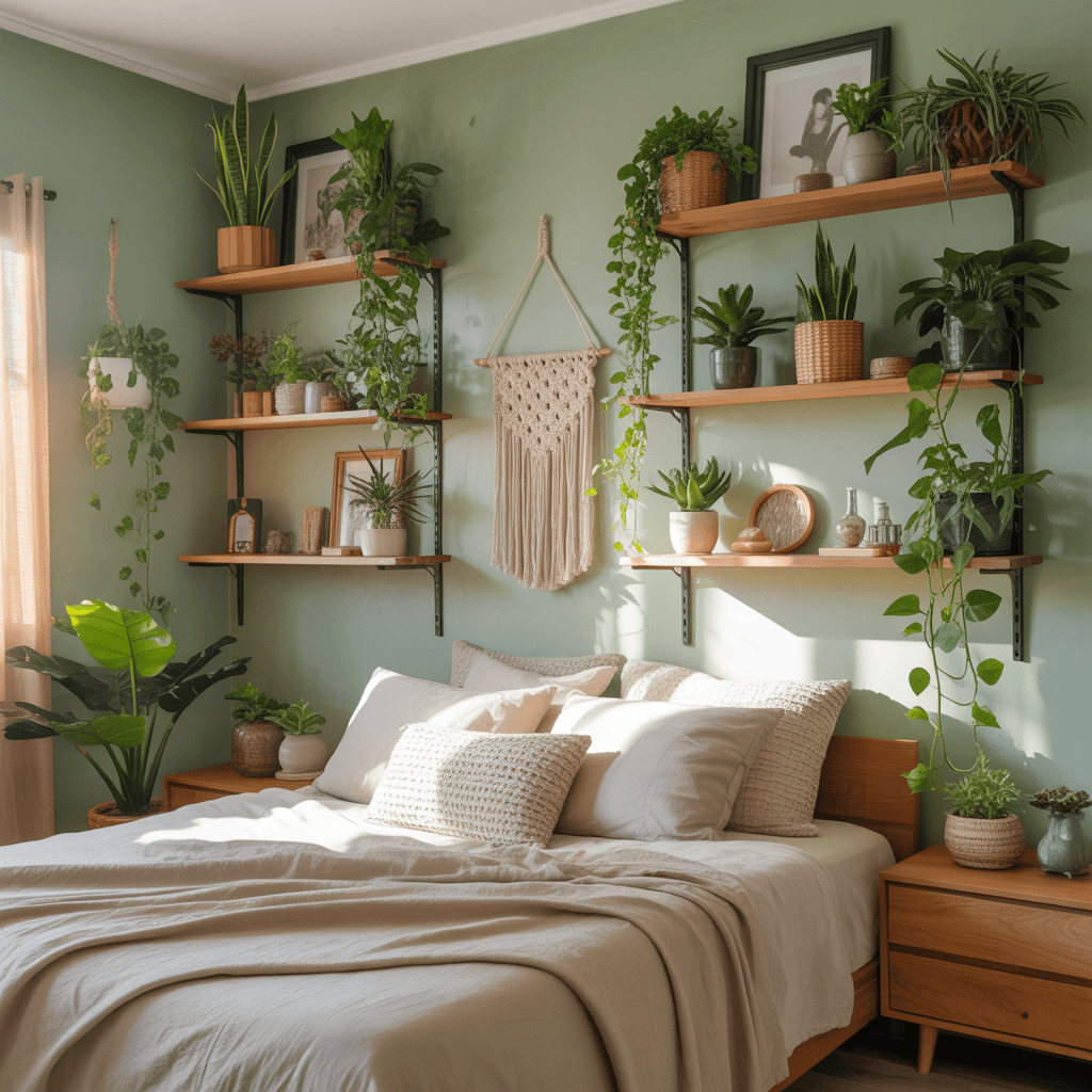 Sage green boho bedroom decorated with houseplants and natural decor