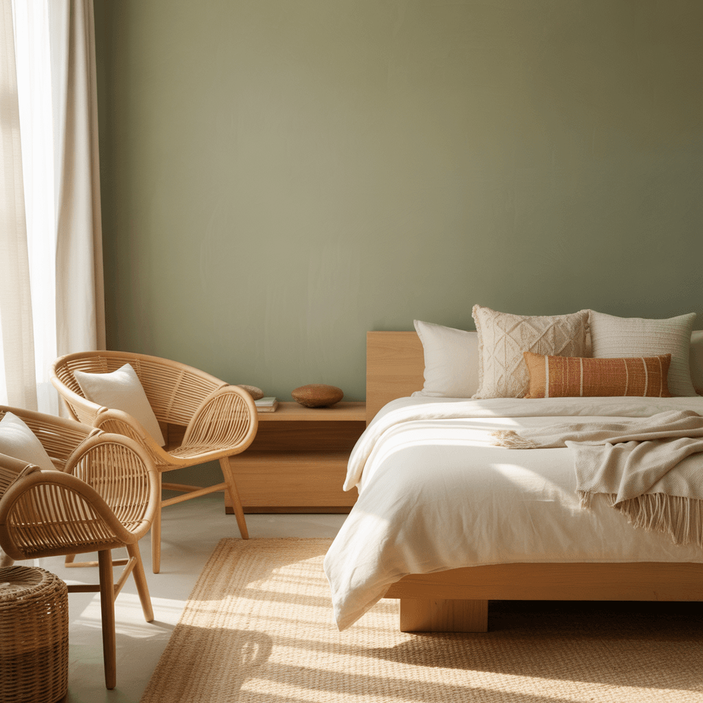 Sage green boho bedroom with modern minimalist furniture and rattan accents.