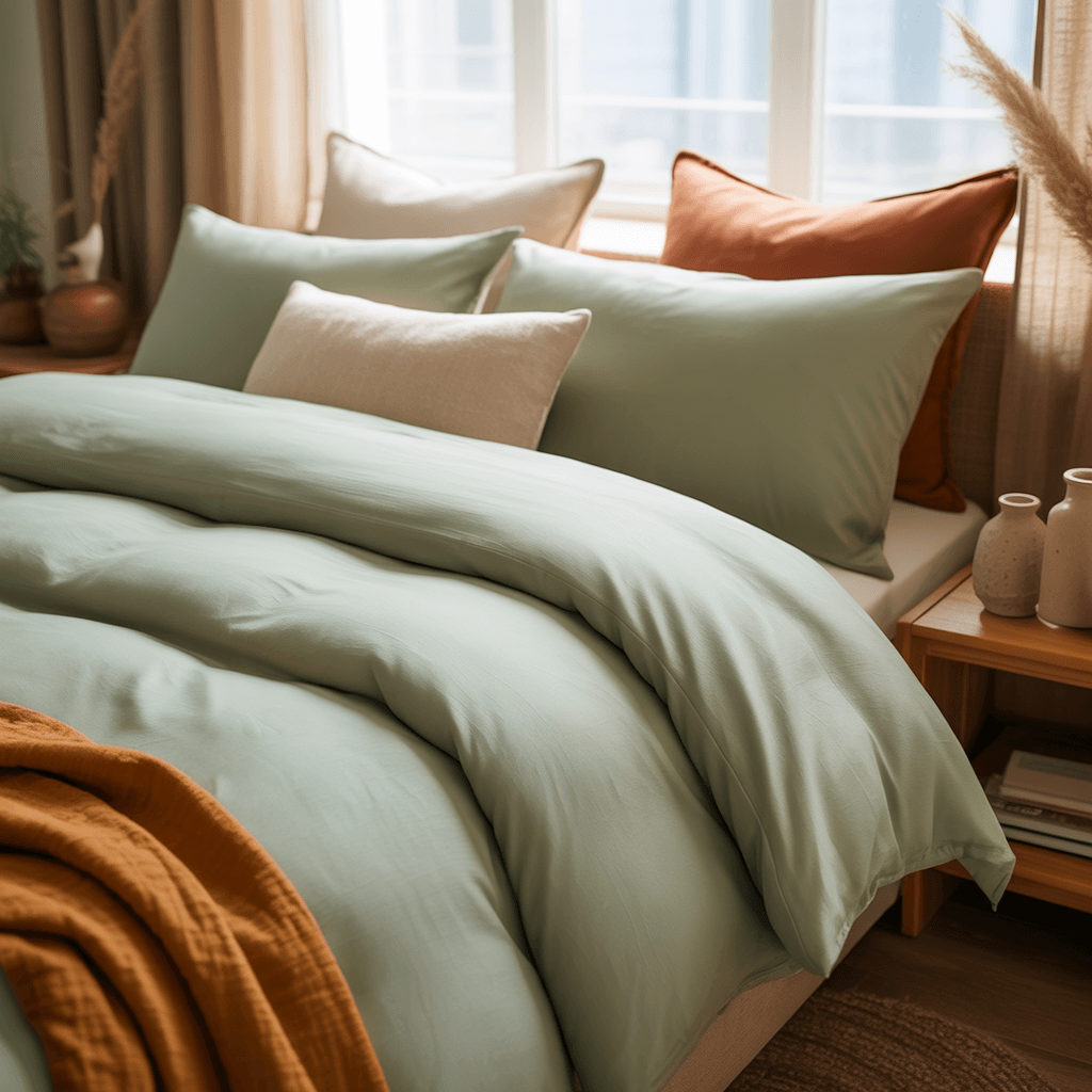 Sage green boho bedroom with warm neutral and terracotta accents.