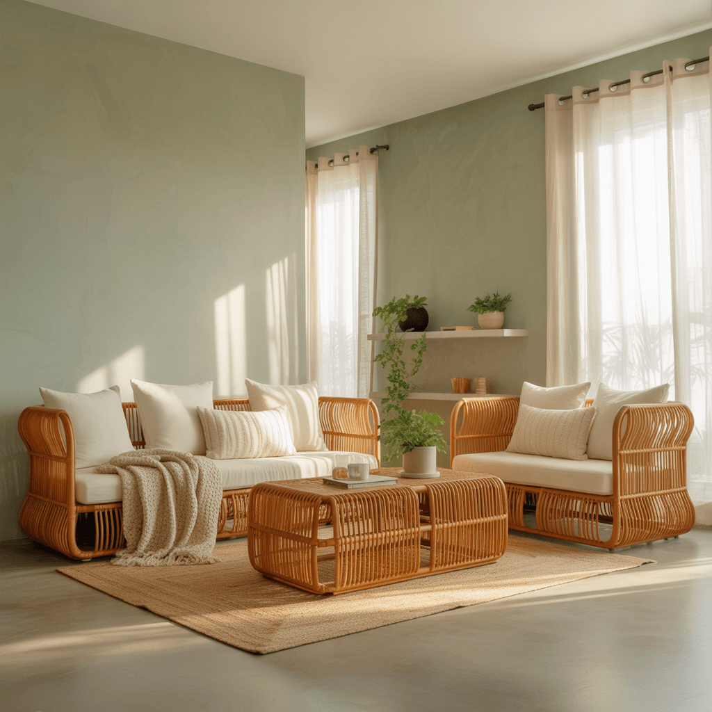 Sage green boho living room with natural wood accents