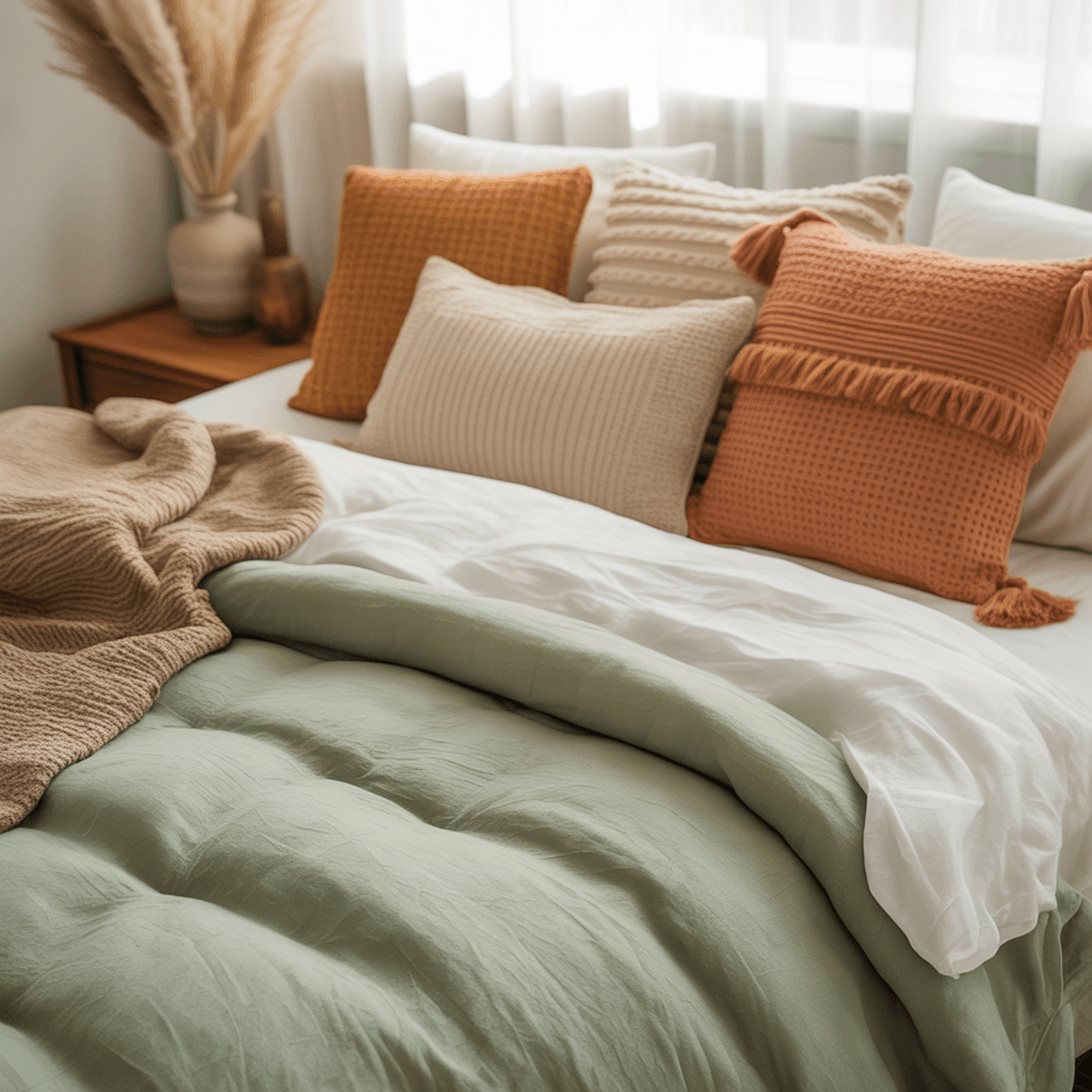  Sage green layered bedding