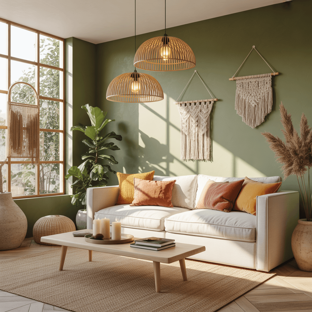 Sage green living room with natural light and woven pendant lights.