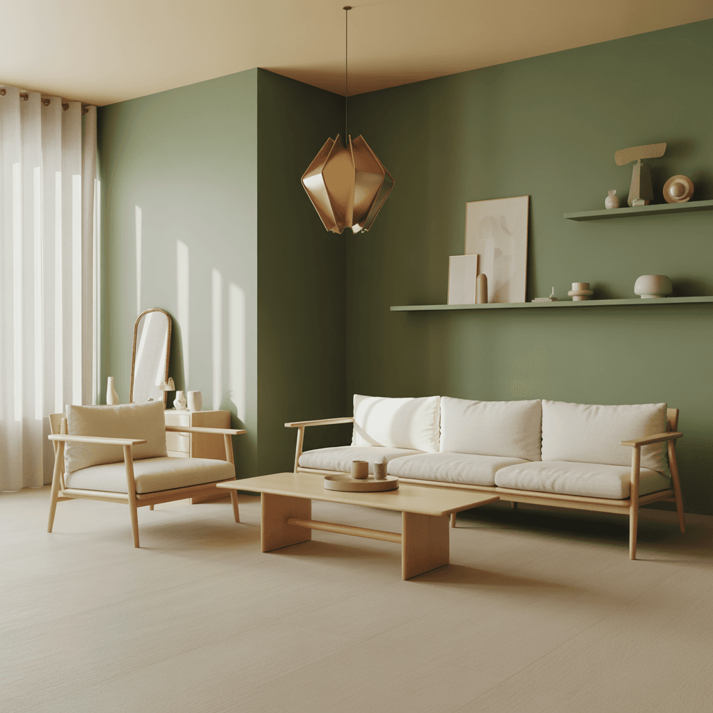 Sage green painted living room with light wood furniture and gold accents.