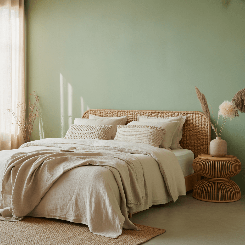 Sage green wall with boho bed and natural textures