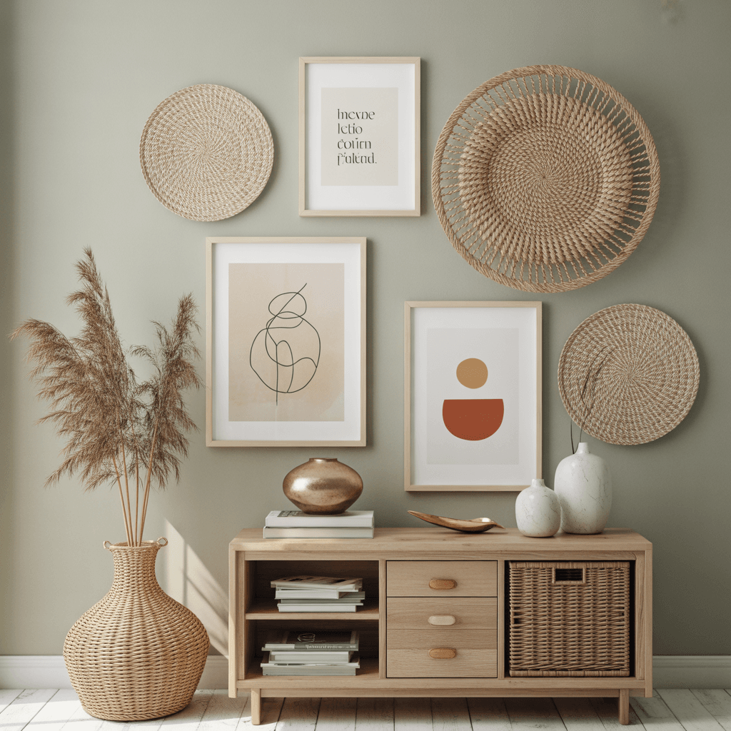 Sage green wall with woven baskets and neutral Boho art.