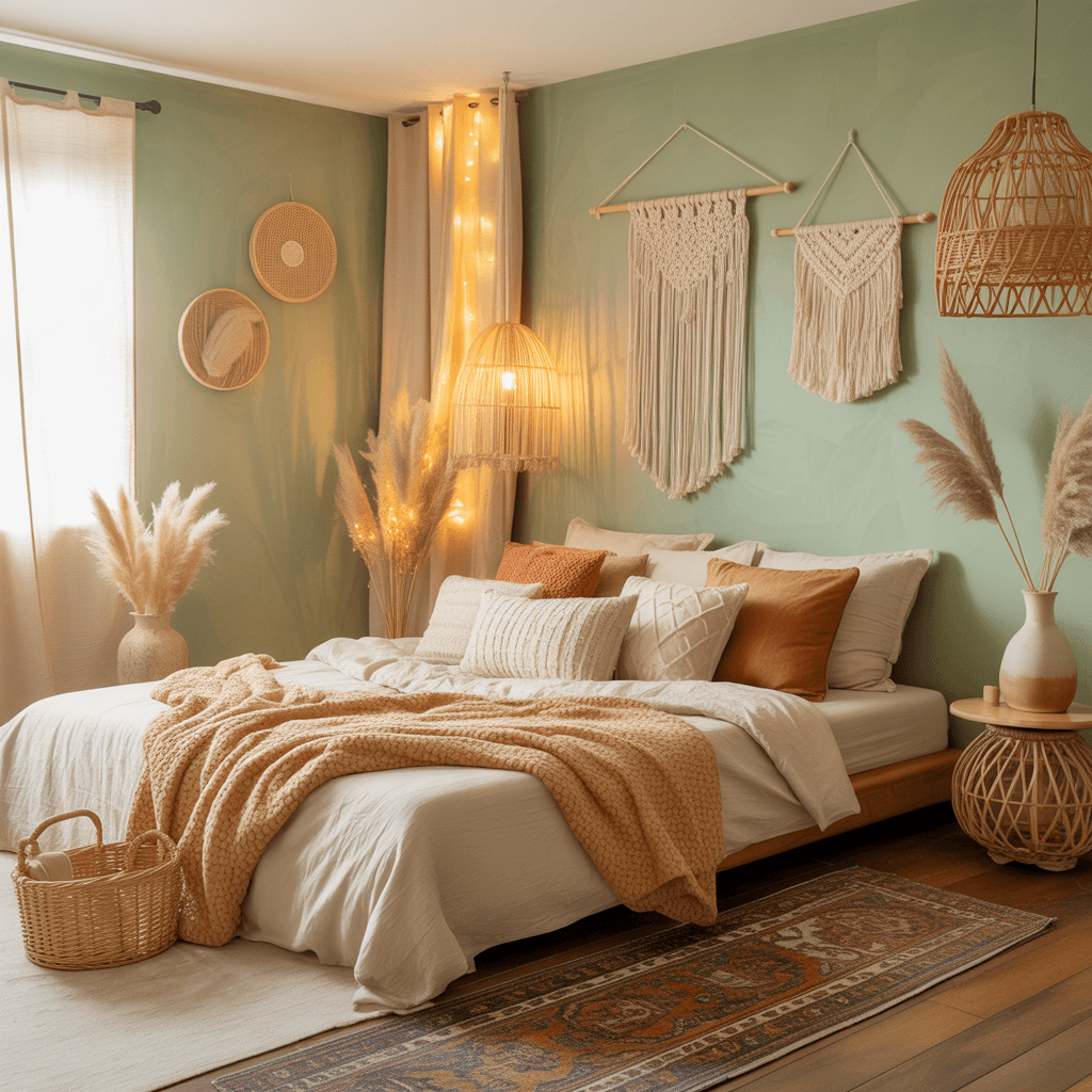 Sage toned walls in a cozy boho bedroom
