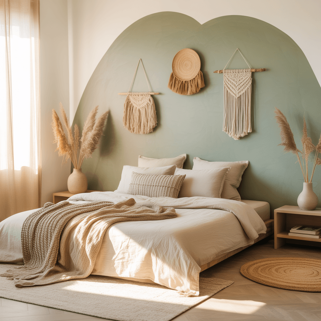 Scandinavian Boho Bedroom with sage green walls and minimal natural textures