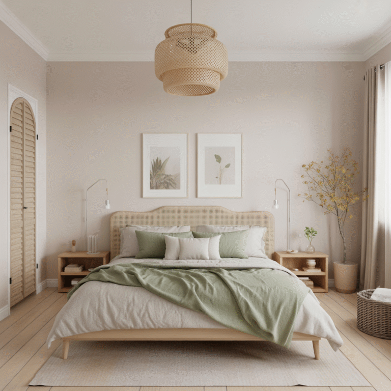 Scandinavian Boho bedroom with neutral earthy color palette and soft sage accents.