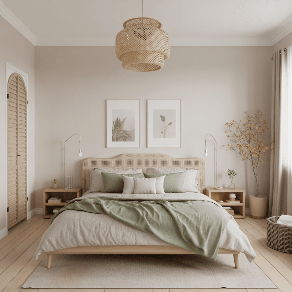 Scandinavian Boho bedroom with neutral earthy color palette and soft sage accents.