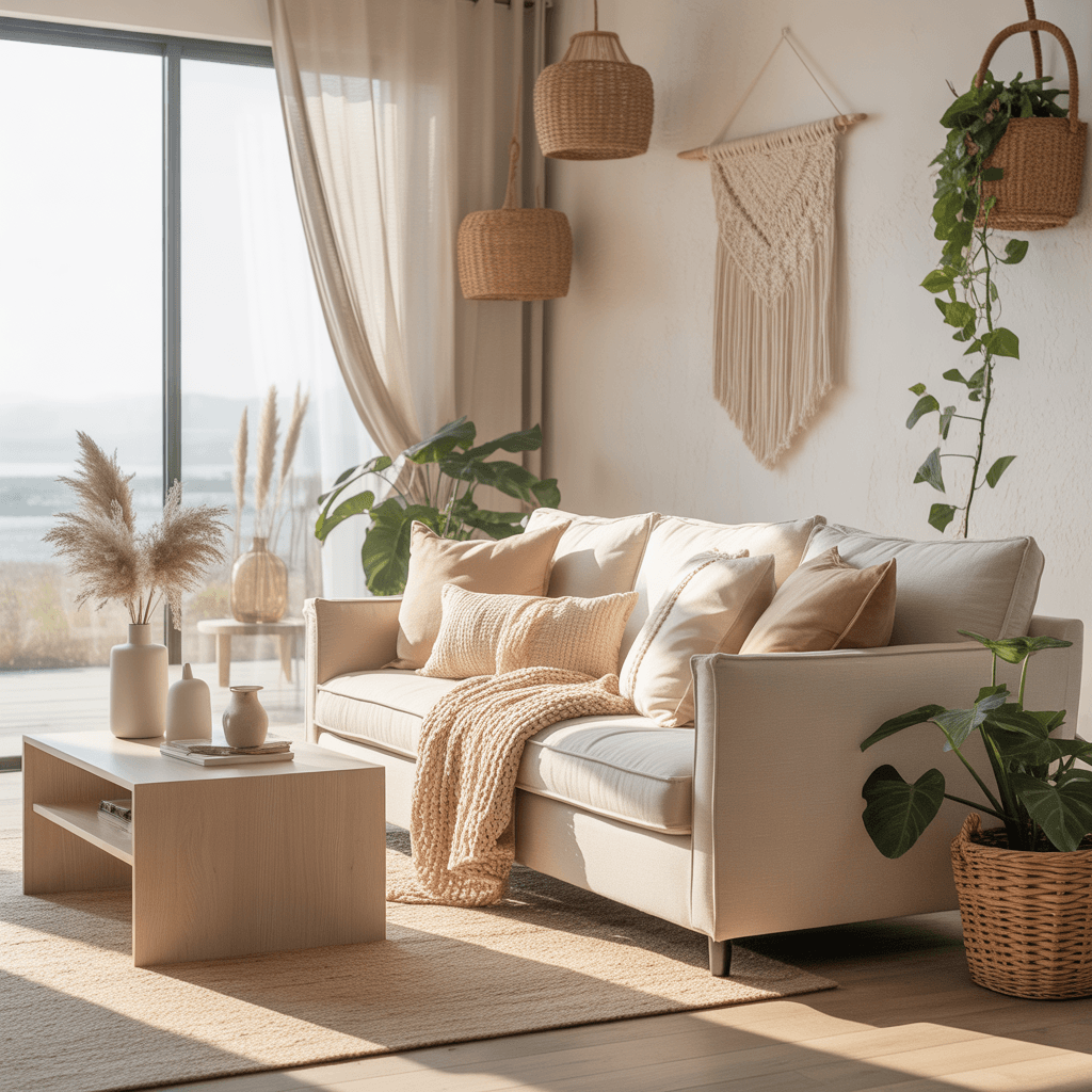 Scandinavian Boho living room with soft beige palette and natural décor