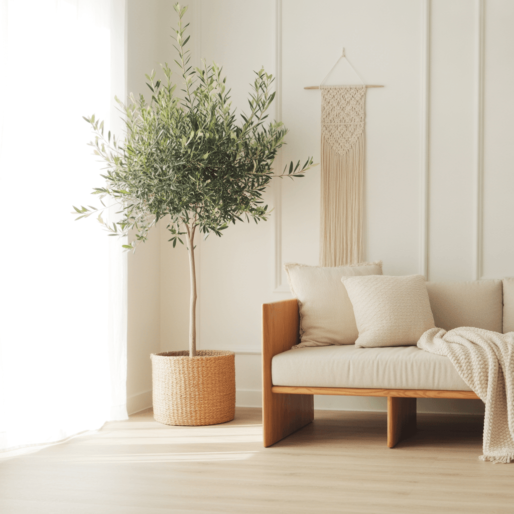Scandinavian Boho room featuring a single olive tree as a sculpture-like décor element.