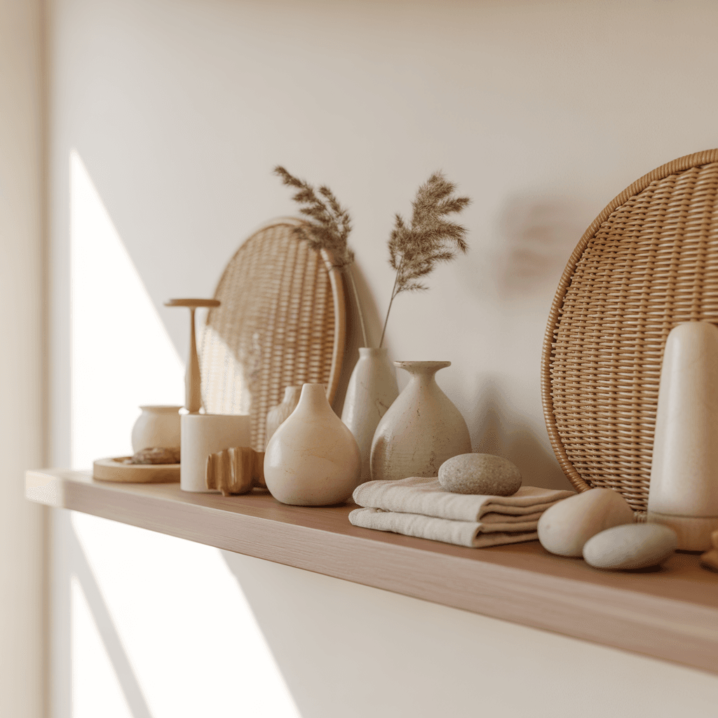 Scandinavian Boho shelf with handmade neutral pottery.