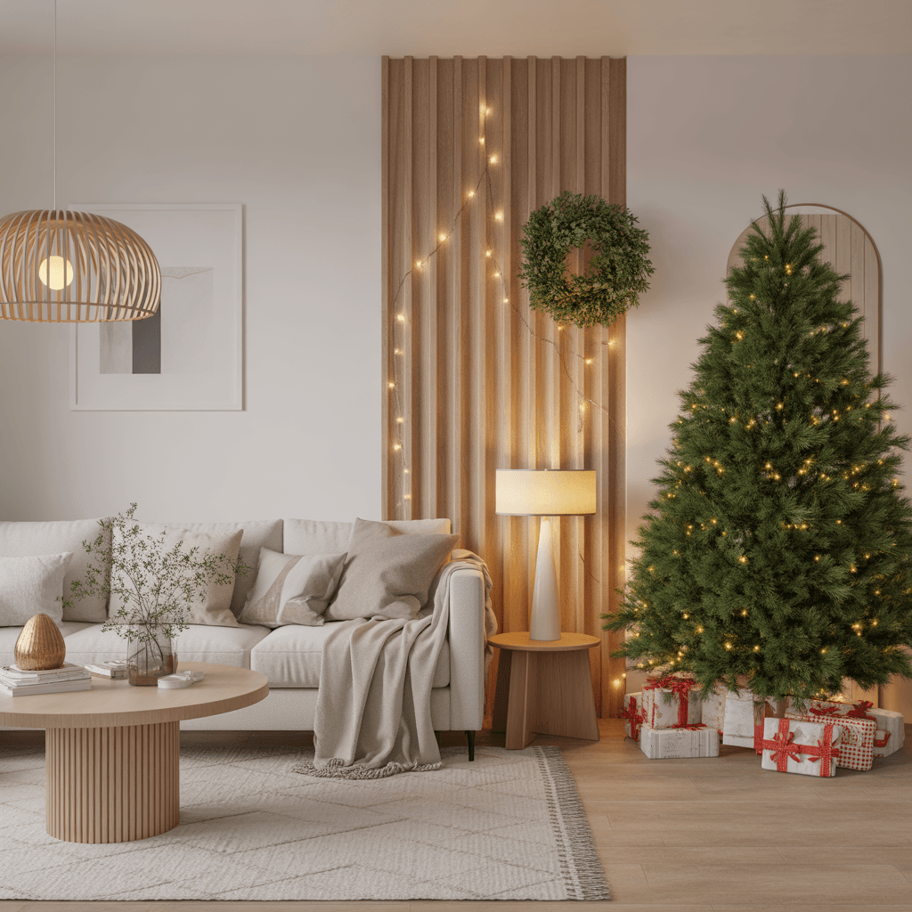 Scandinavian living room decorated for Christmas with neutral and natural holiday accents.