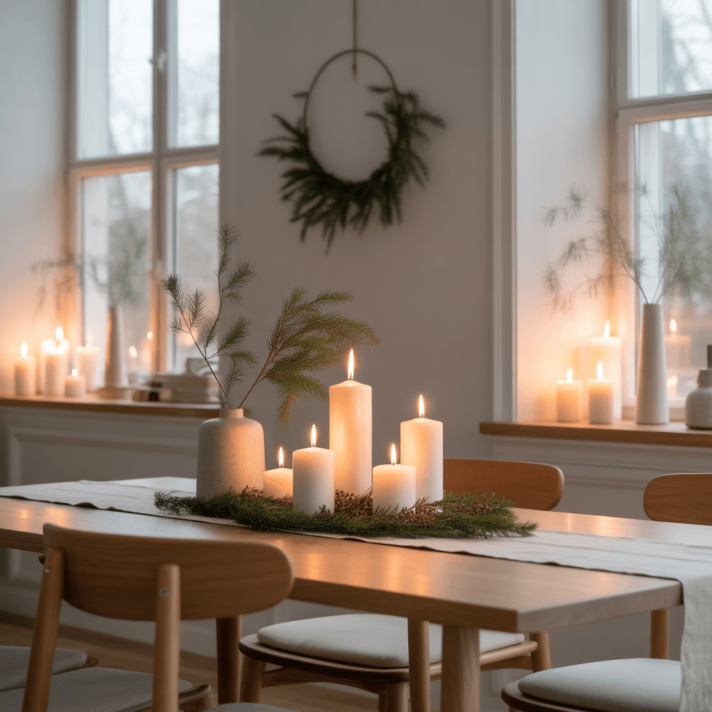 Scandinavian minimalist Christmas décor in white and wood tones.