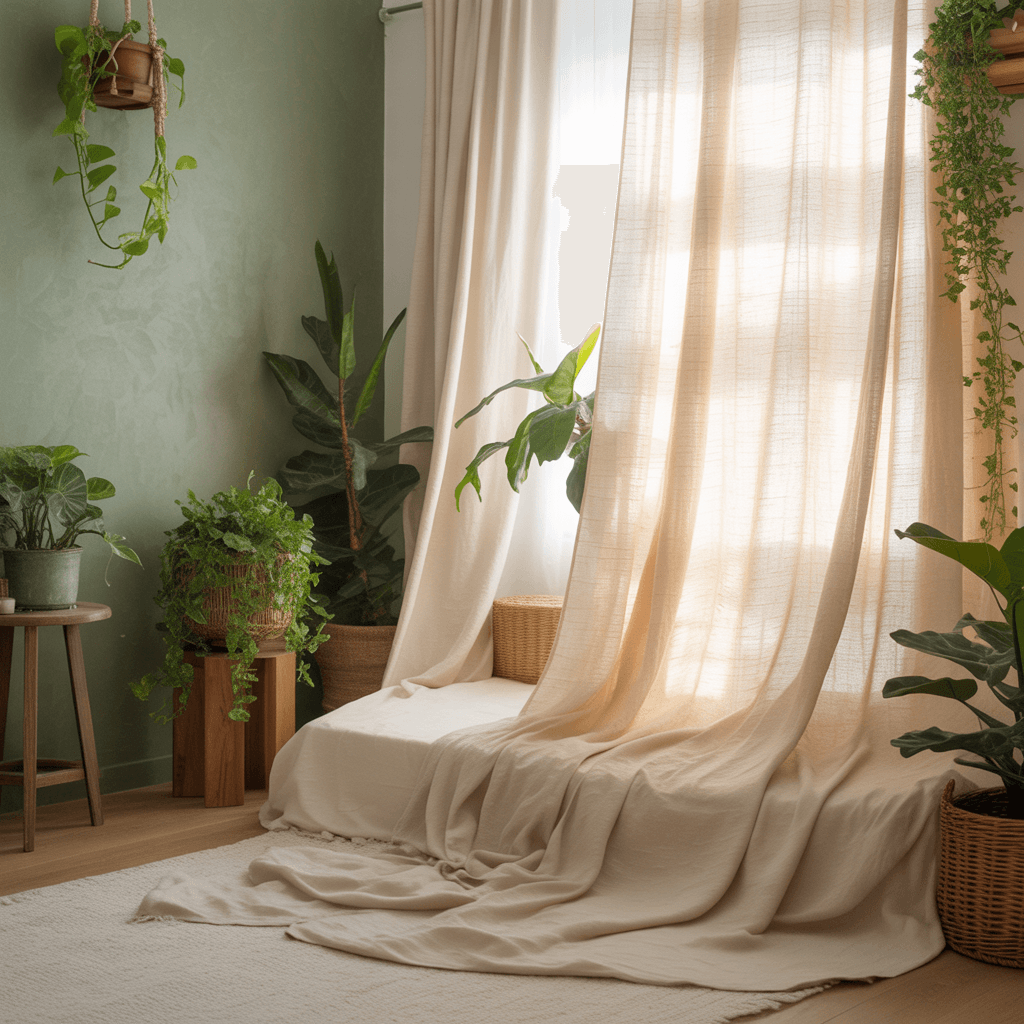 Sheer curtains and plants in sage green boho bedroom