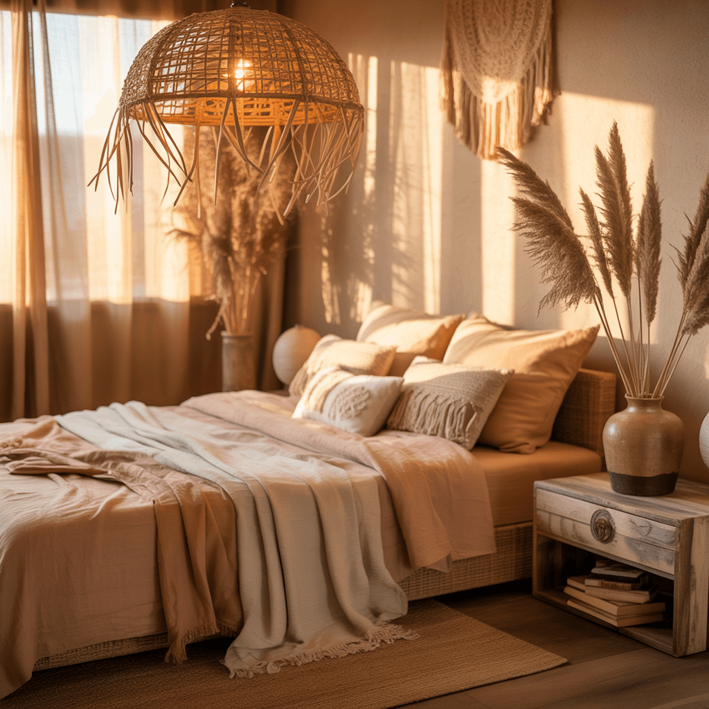 Small Boho bedroom illuminated with warm rattan lights.
