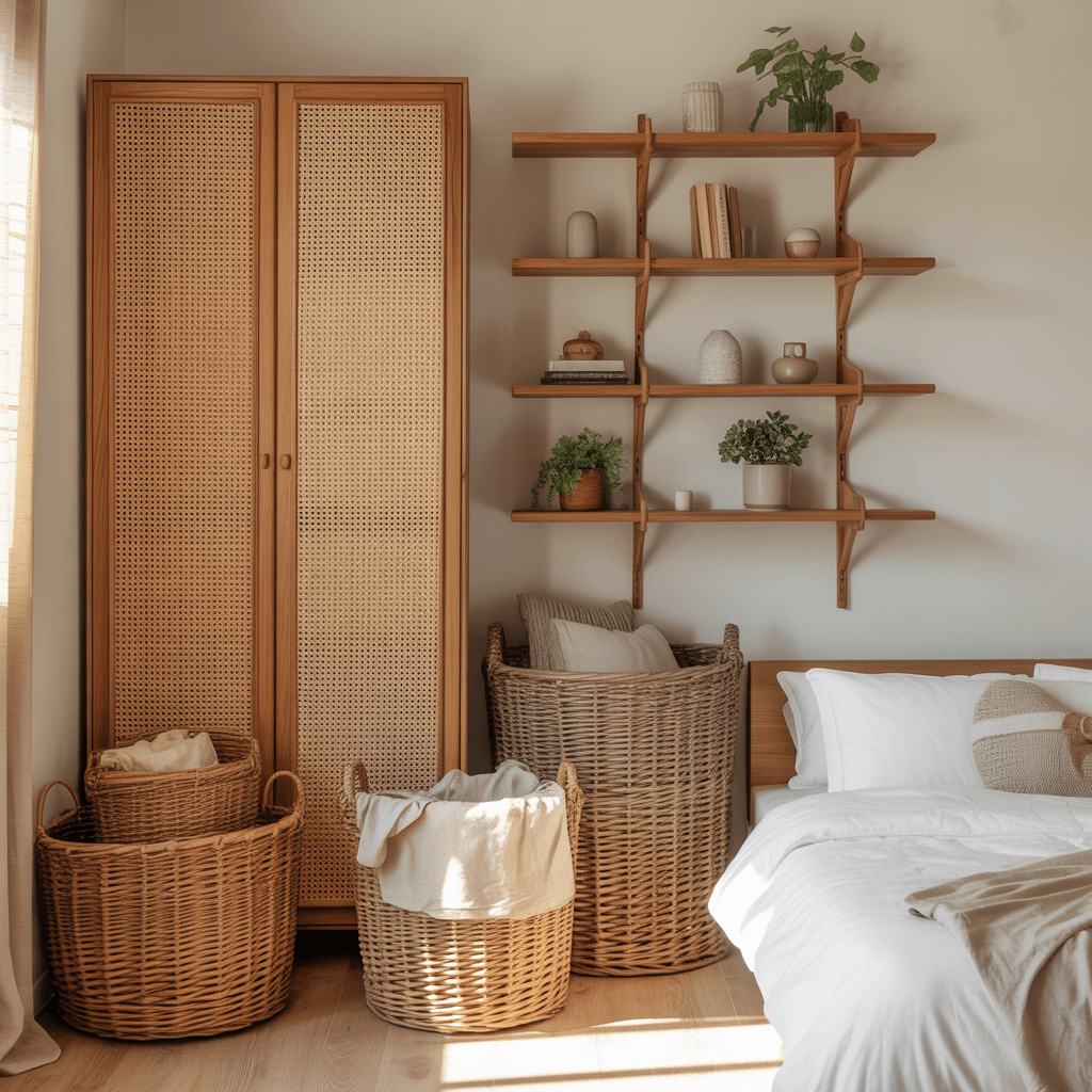  Small Boho bedroom using stylish natural storage solutions.