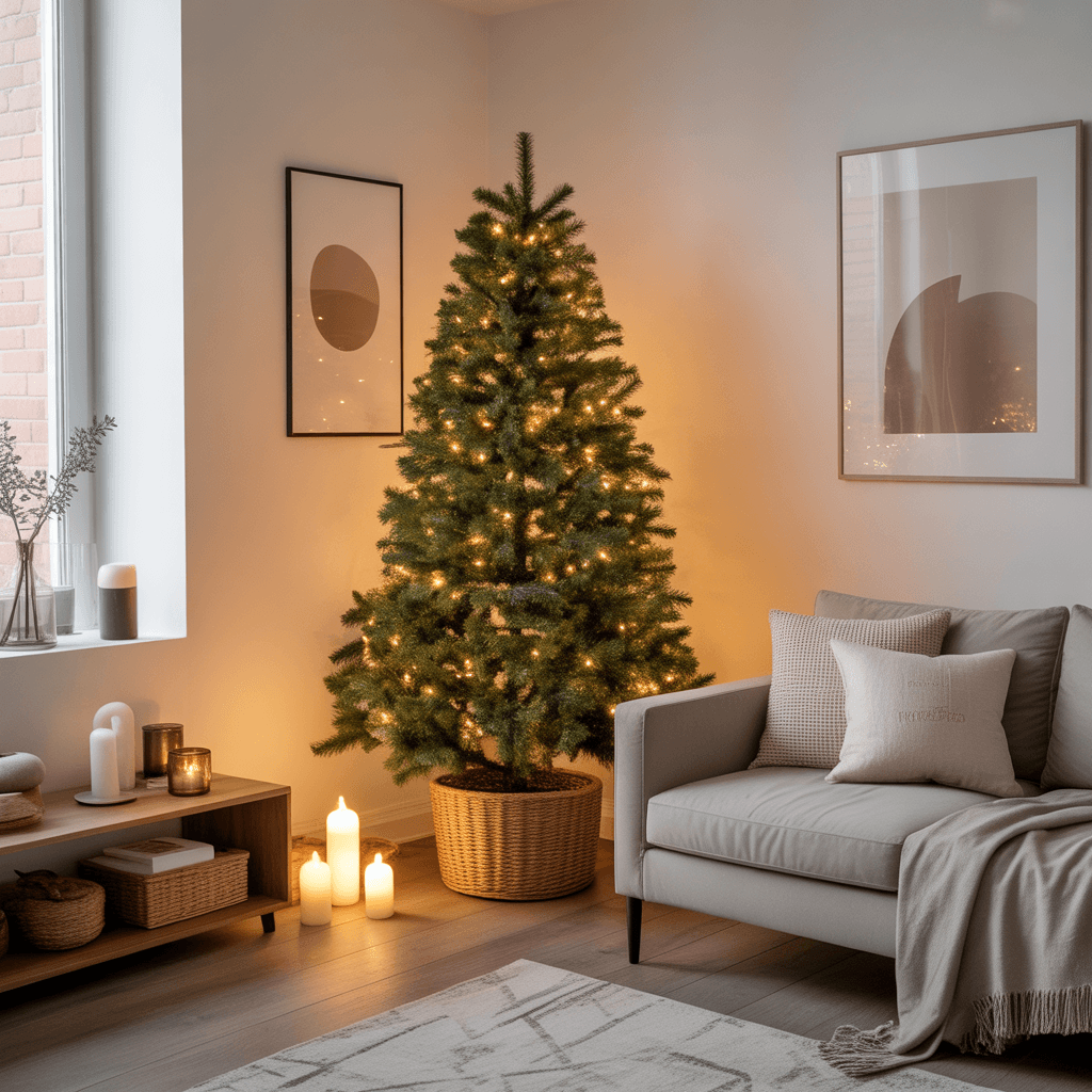 Small apartment decorated for Christmas with minimalist décor and a slim pencil tree.