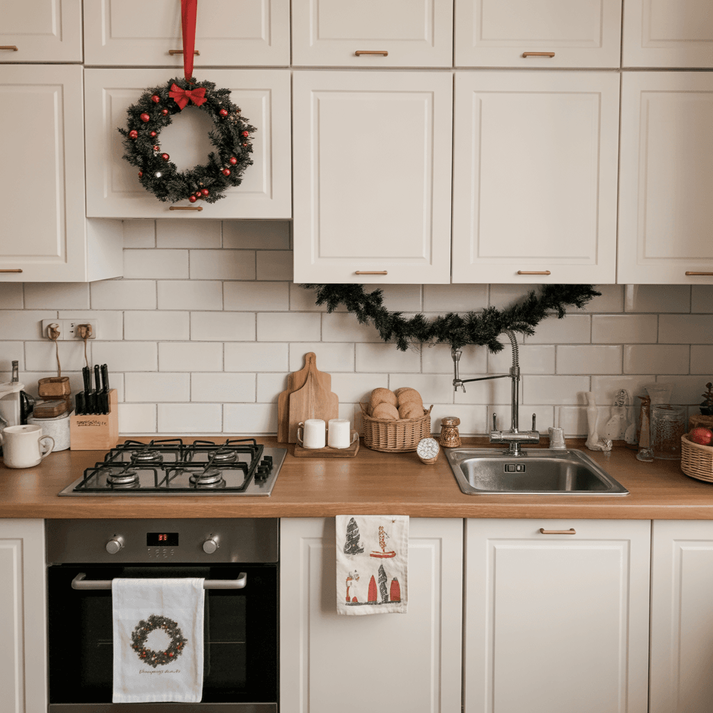 Small apartment dining table with simple minimalist Christmas centerpiece.