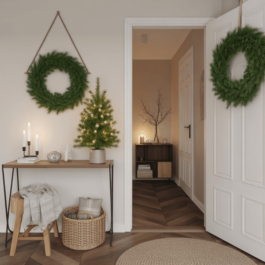 Small apartment kitchen decorated with simple Christmas accents.
