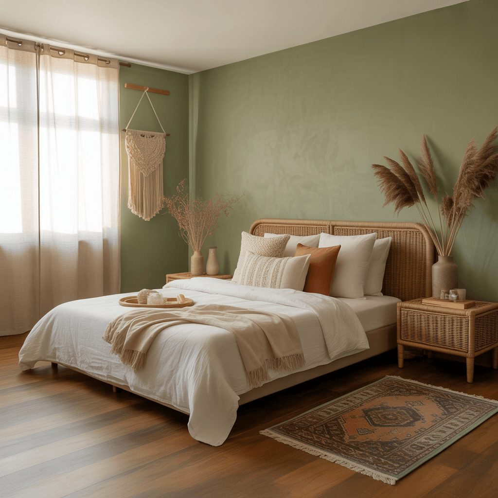 Small bedroom makeover with sage green walls and boho décor