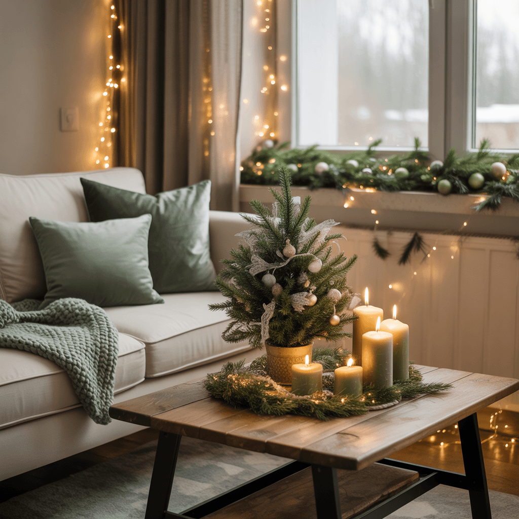 Small living room decorated in a sage green Christmas theme.