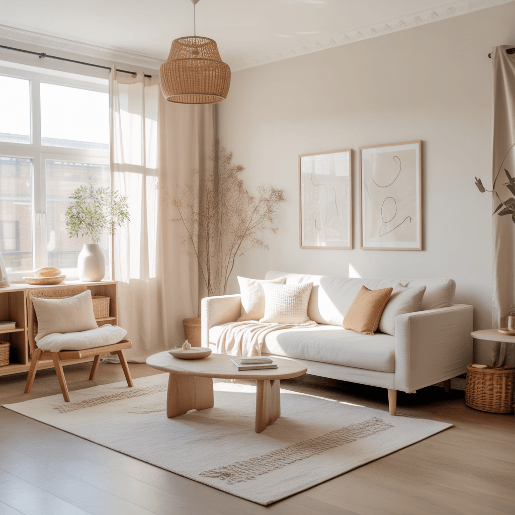 Soft Scandinavian Boho living room with muted neutral palette and natural textures