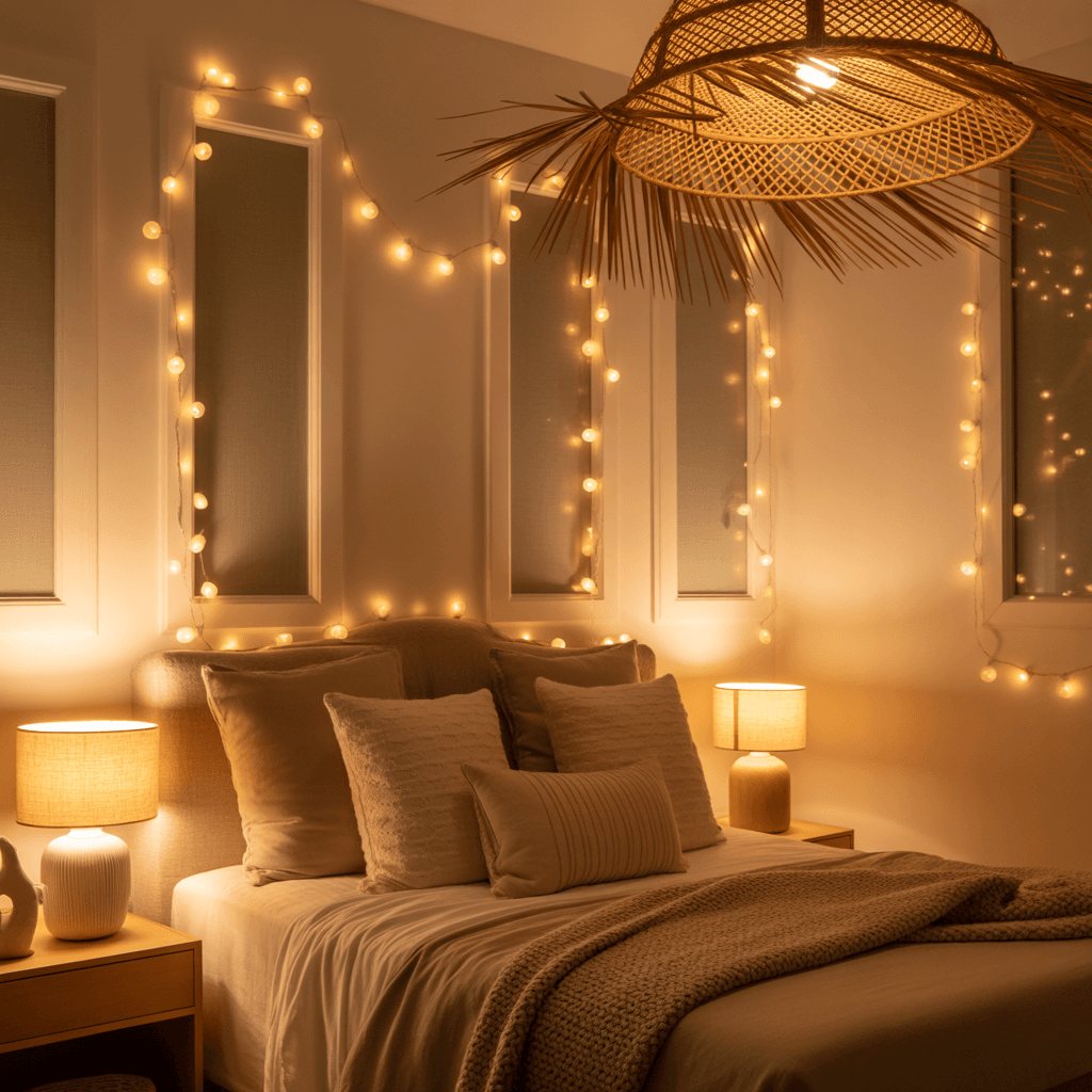 Soft boho bedroom lighting using warm lamps