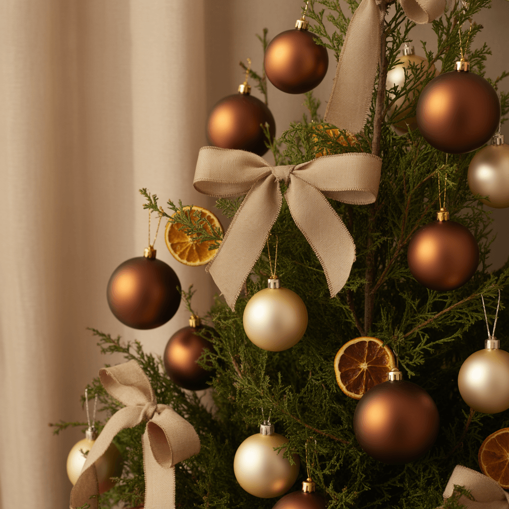 Soft brown and beige Christmas decorations for a warm, neutral holiday look.