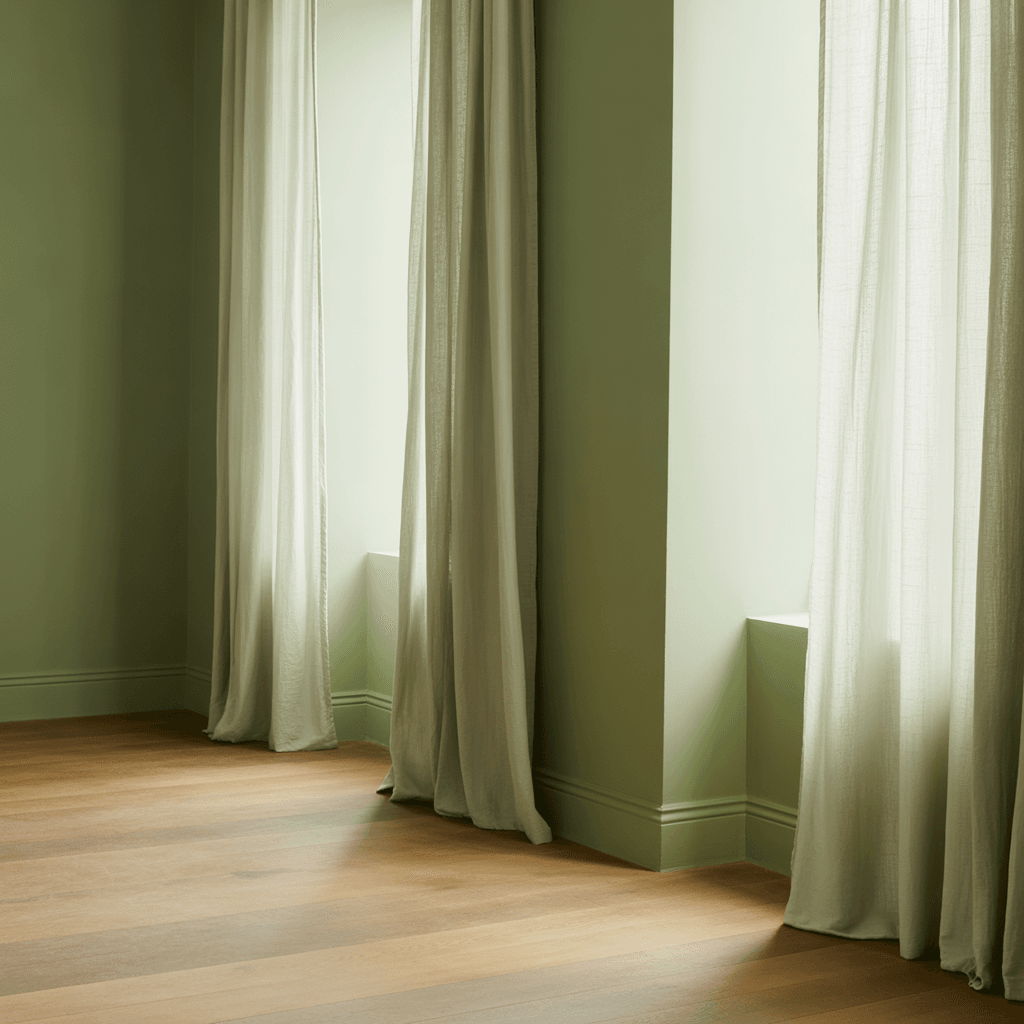 Soft sage green bedroom walls with natural wood accents.