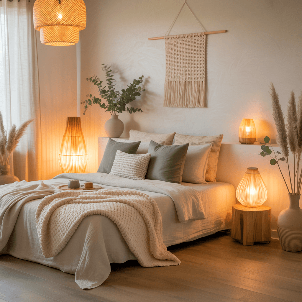 Soft warm lighting in Scandinavian Boho Bedroom