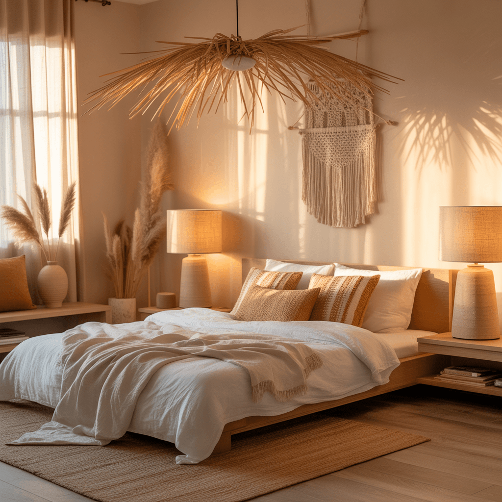Soft warm lighting in a Scandinavian Boho bedroom with natural materials.