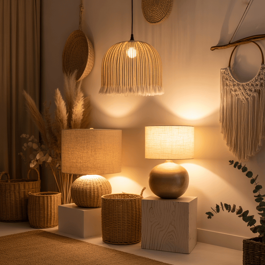 Soft warm lighting used in a Scandinavian Boho bedroom.
