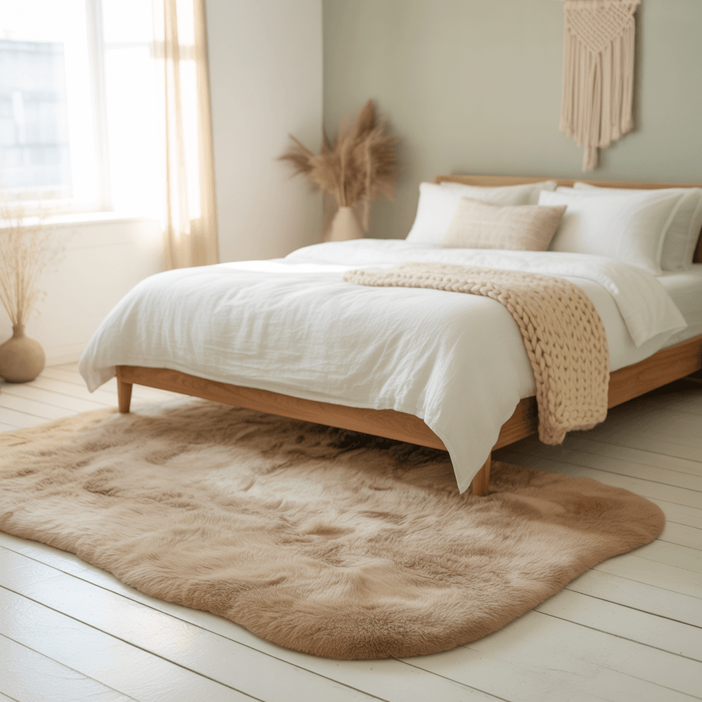 Soft wool rug grounding a Scandinavian Boho bedroom.