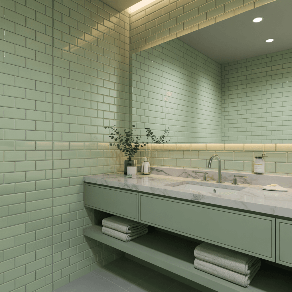 Spa-style bathroom with sage green tiles and vanity.