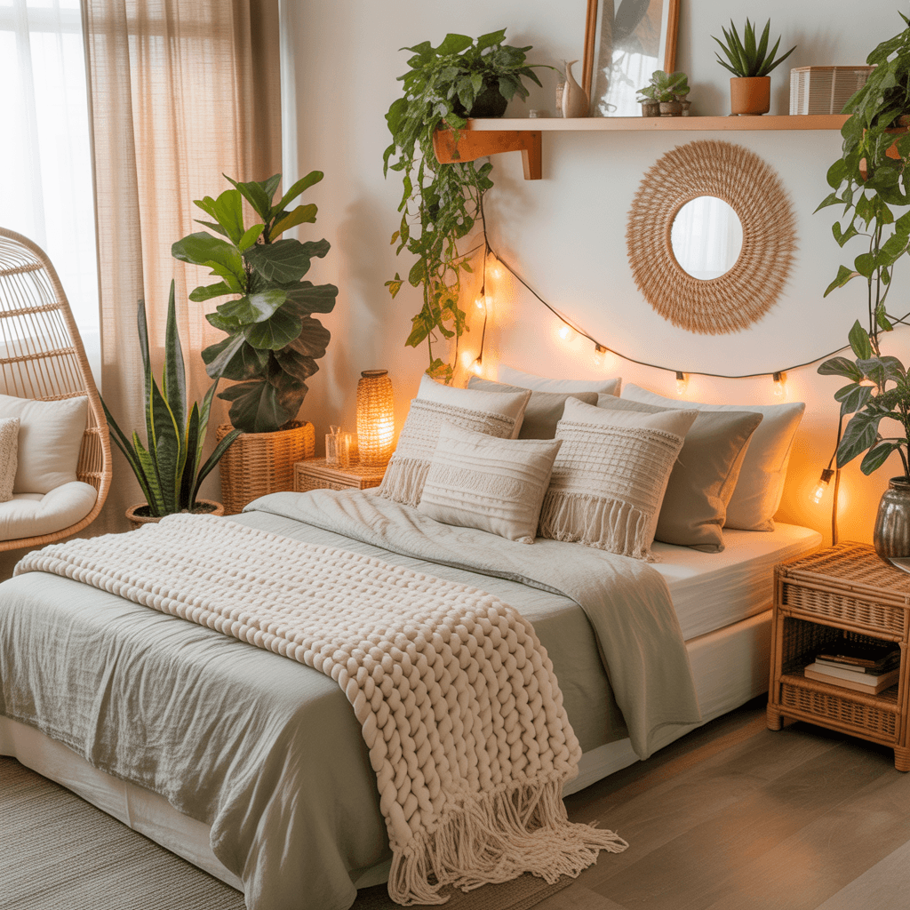 Stunning sage green boho bedroom decor ideas with cozy textures and plants