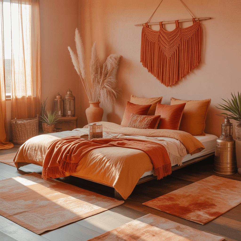 Sunset-inspired boho interior with rust and coral highlights.