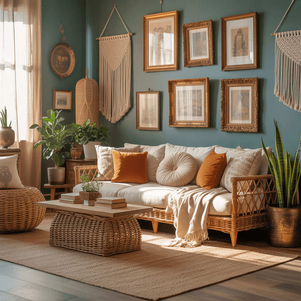 Teal boho room with layered textures and natural décor.