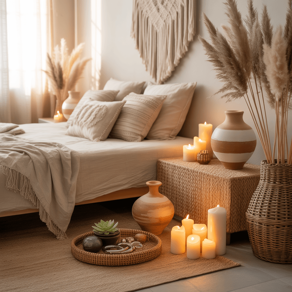 Textured Boho accessories styled on a bedside table to enhance layered décor.