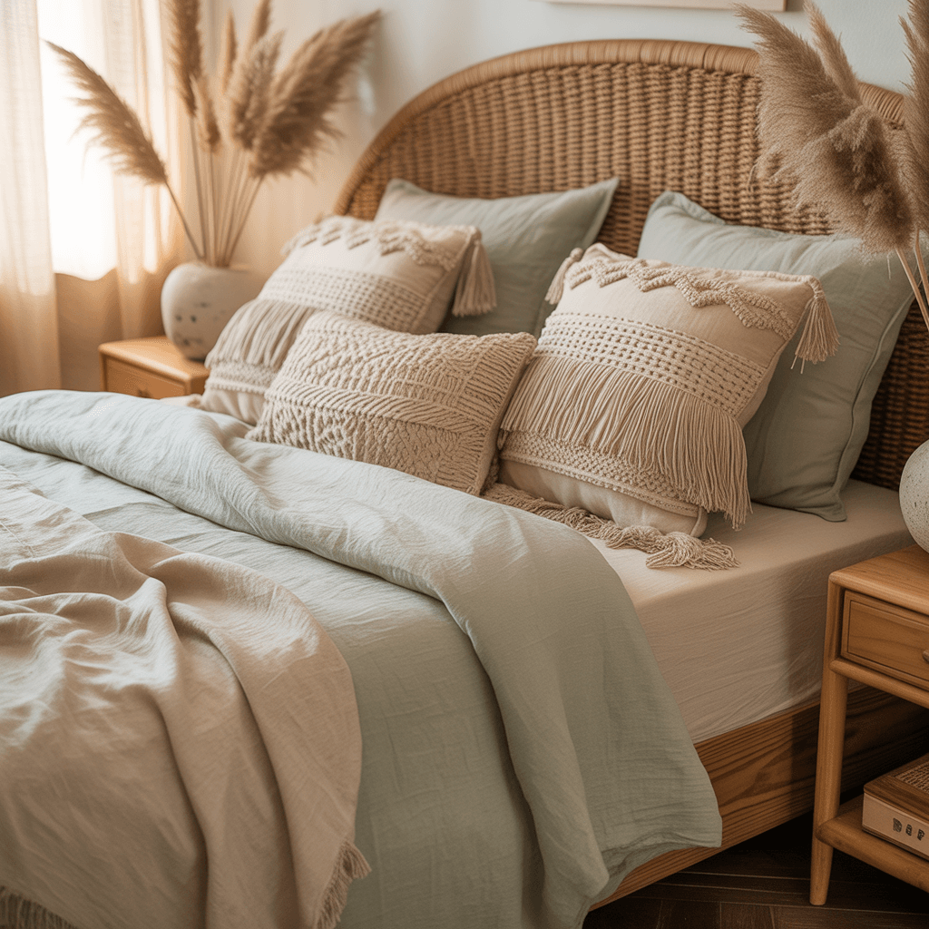 Textured bedding with sage green accents in a cozy boho bedroom